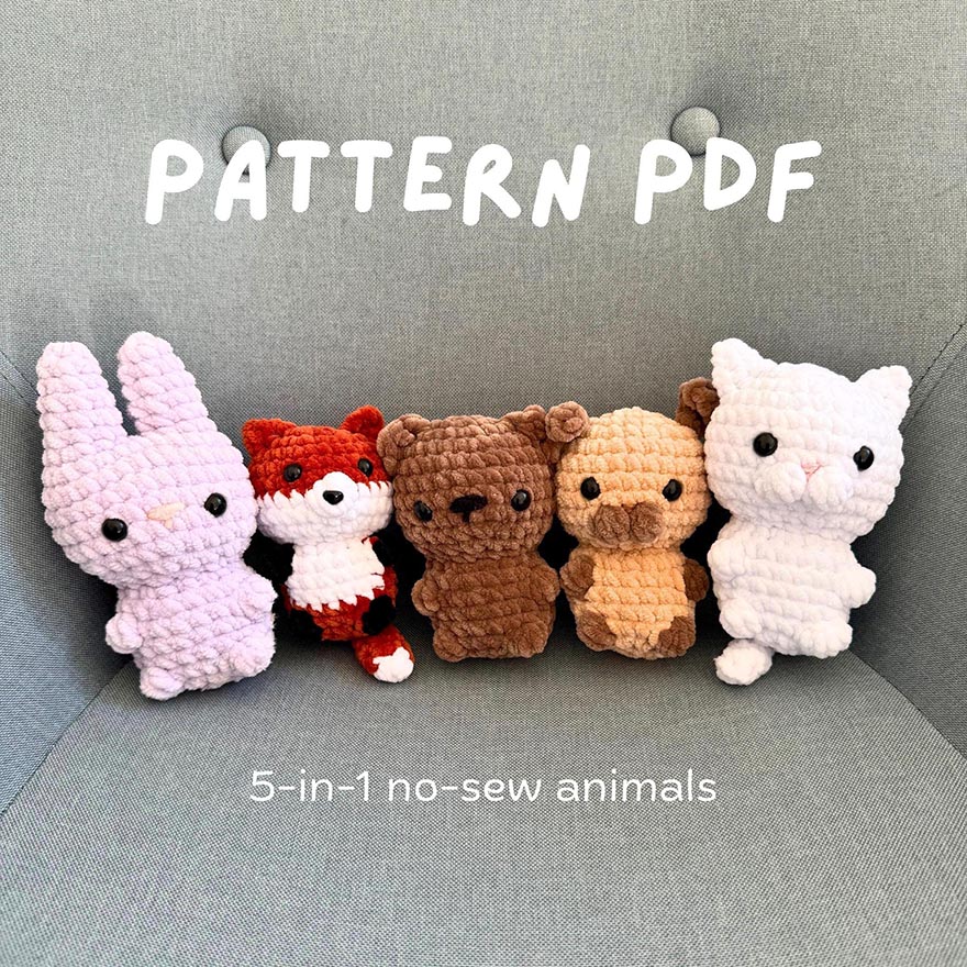 5-in-1 No-Sew Animals Crochet Pattern | Amigurumi Fox, Bunny, Bear, Kitten & Puppy Plushies Digital Tutorial Download Bundle
