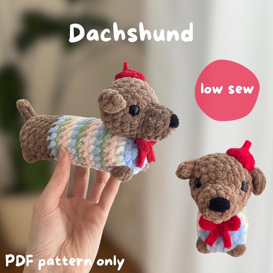 Dachshund low sew Crochet Pattern - cute mini dog with sweater and hat - crochet pattern amigurumi