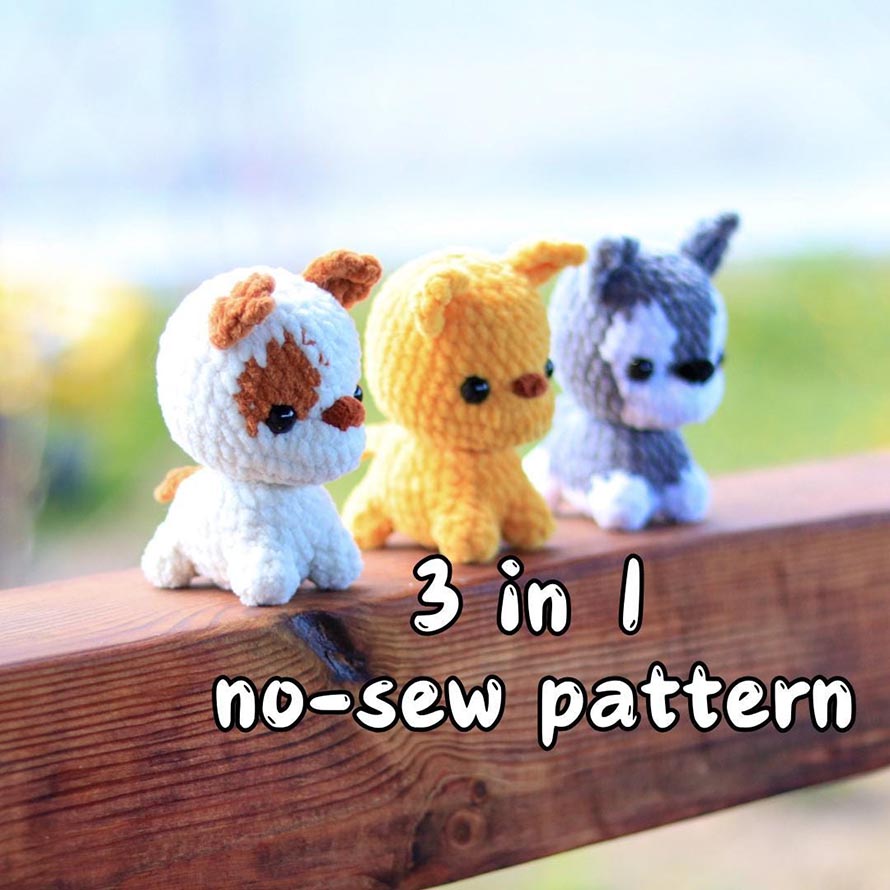 No Sew Puppies Crochet Pattern, Dog Amigurumi, Husky, Jack Russell Terrier, Сhihuahua - 3 in 1