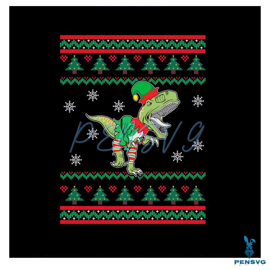 Dinosaur In Elf Costume Ugly Sweater Christmas SVG File
