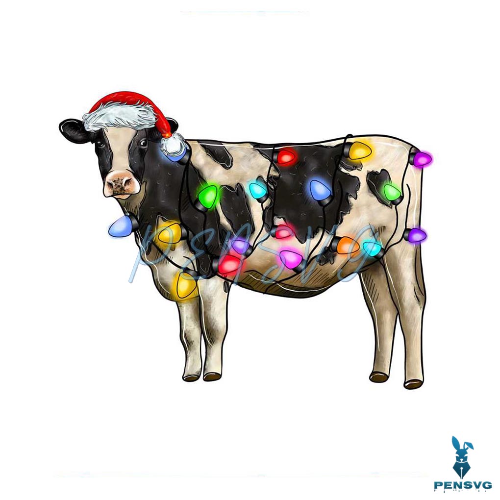 Funny Christmas Cow Santa Hat PNG Sublimation Download