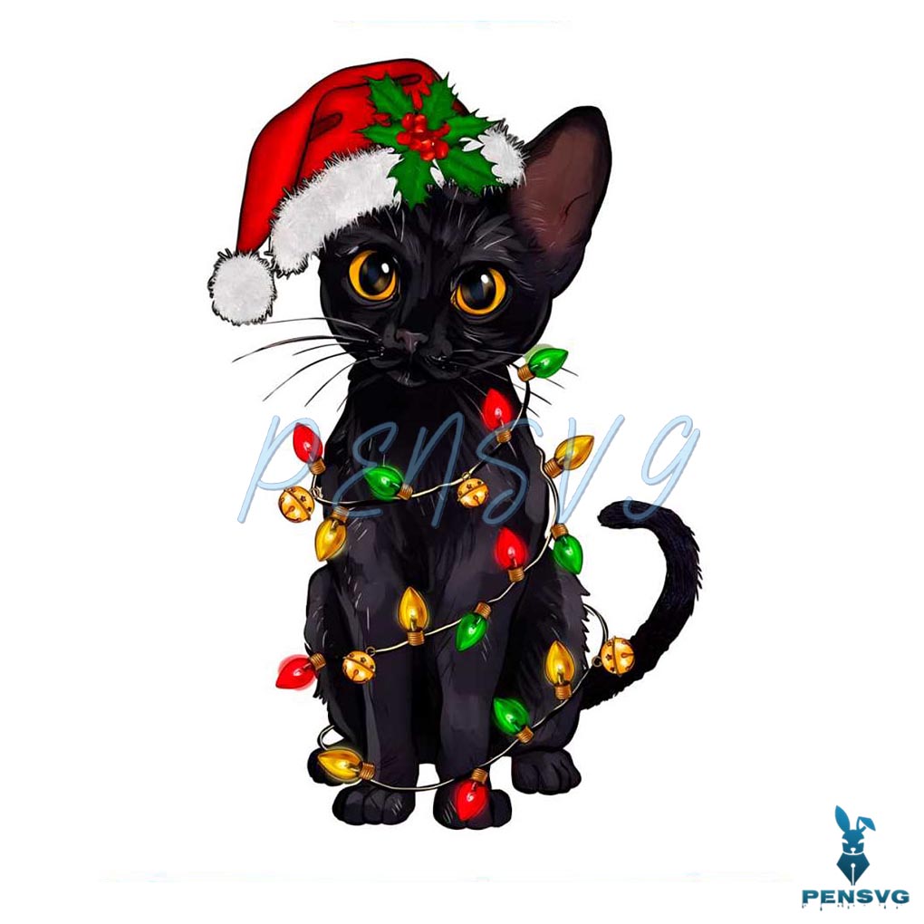Funny Christmas Santa Black Cat PNG Sublimation Download