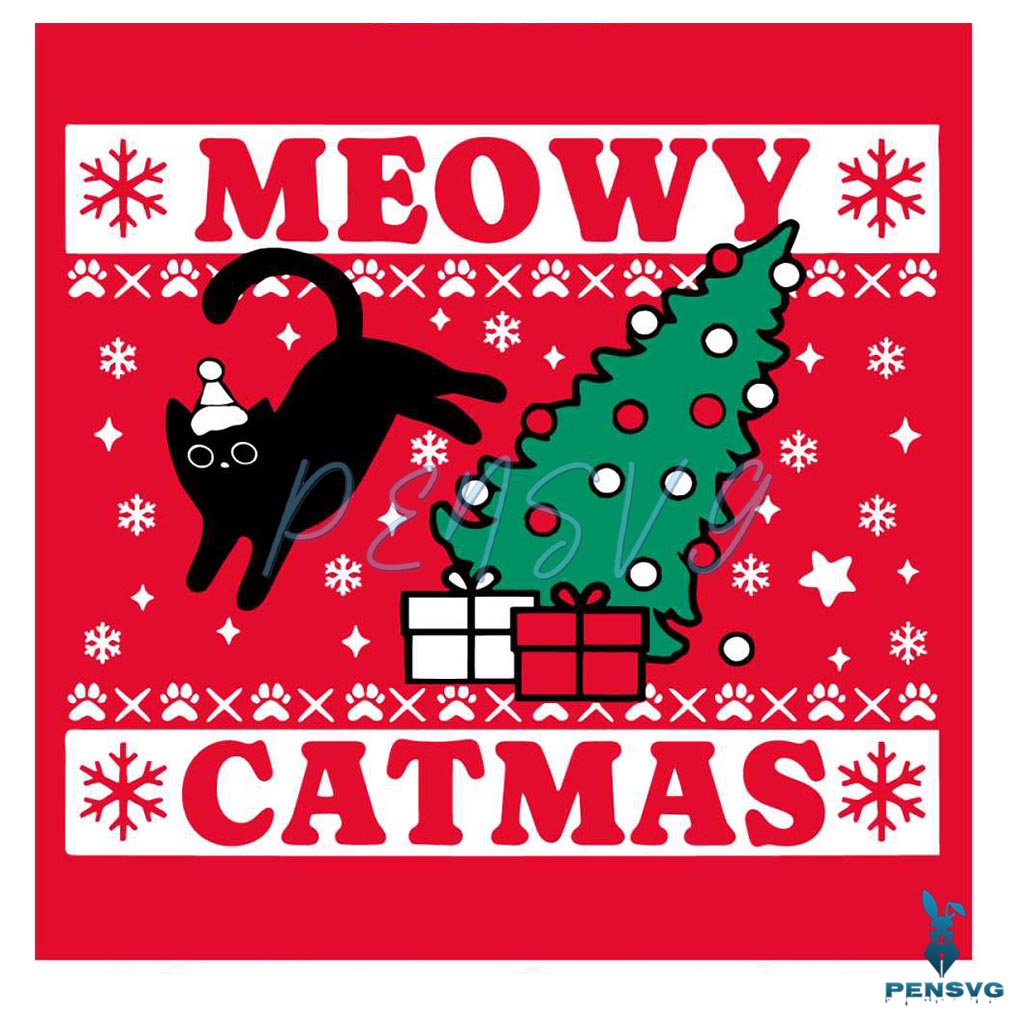Funny Meowy Catmas Black Cat Christmas Tree SVG