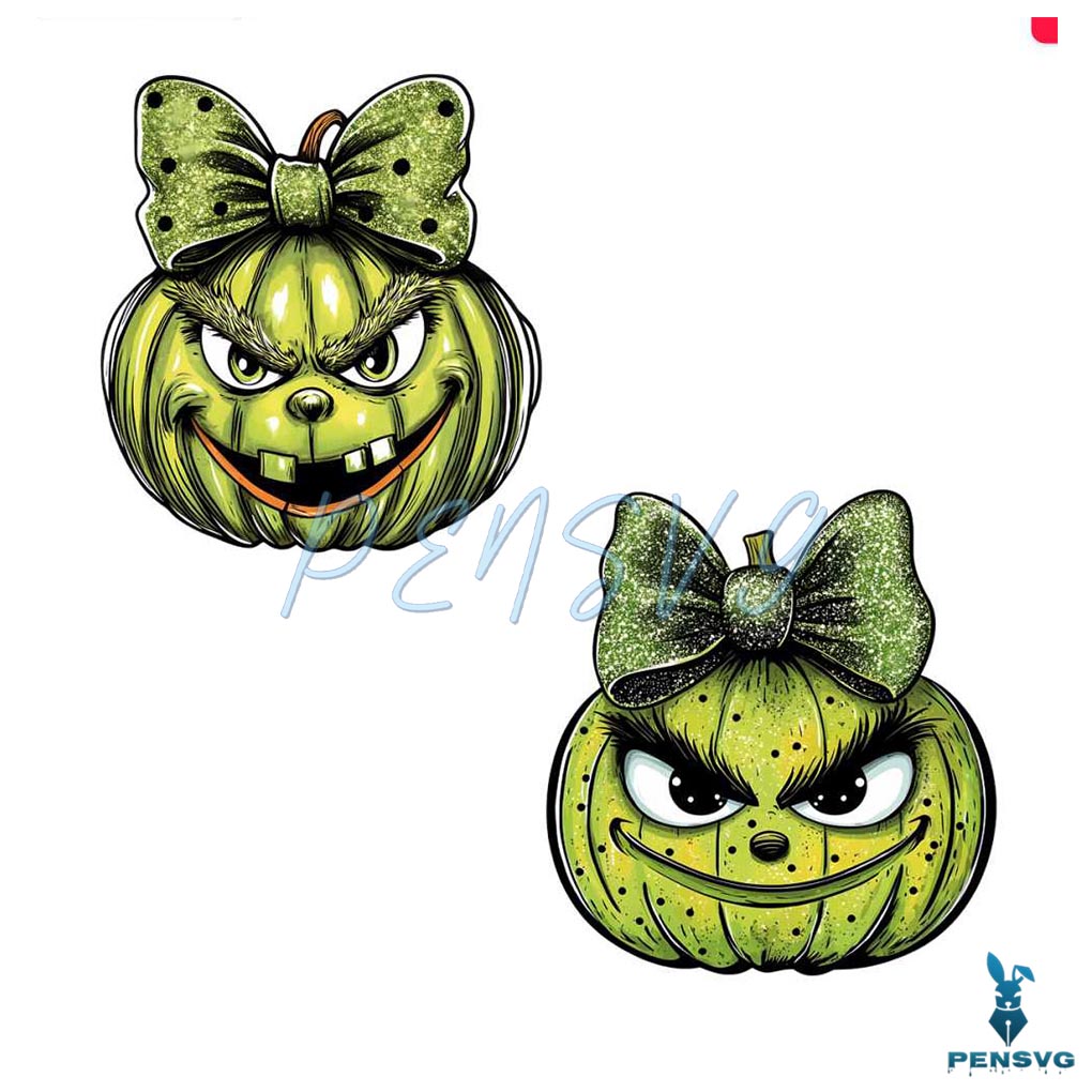 Glitter Grinch Pumpkin Funny Christmas Green Coquette Bow Png