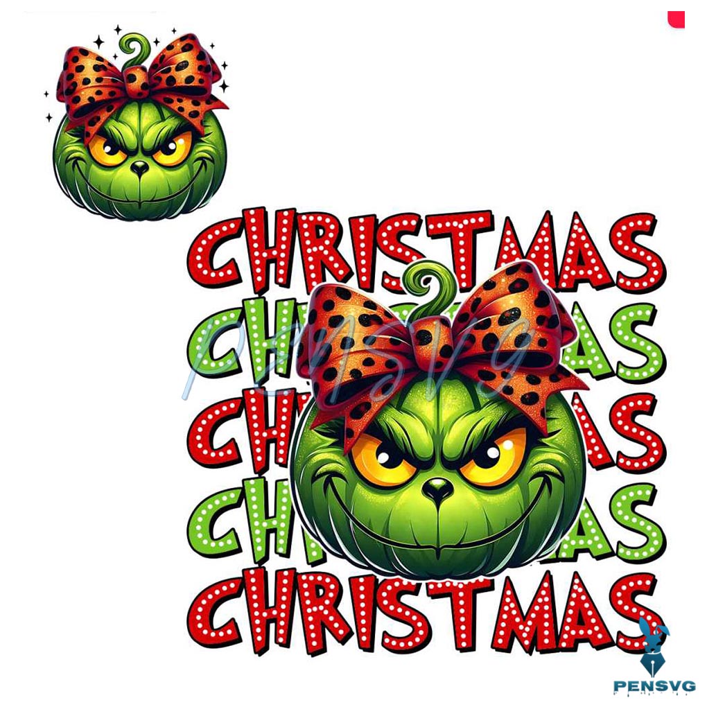 Glitter Grinch Pumpkin Leopard Coquette Bow Png