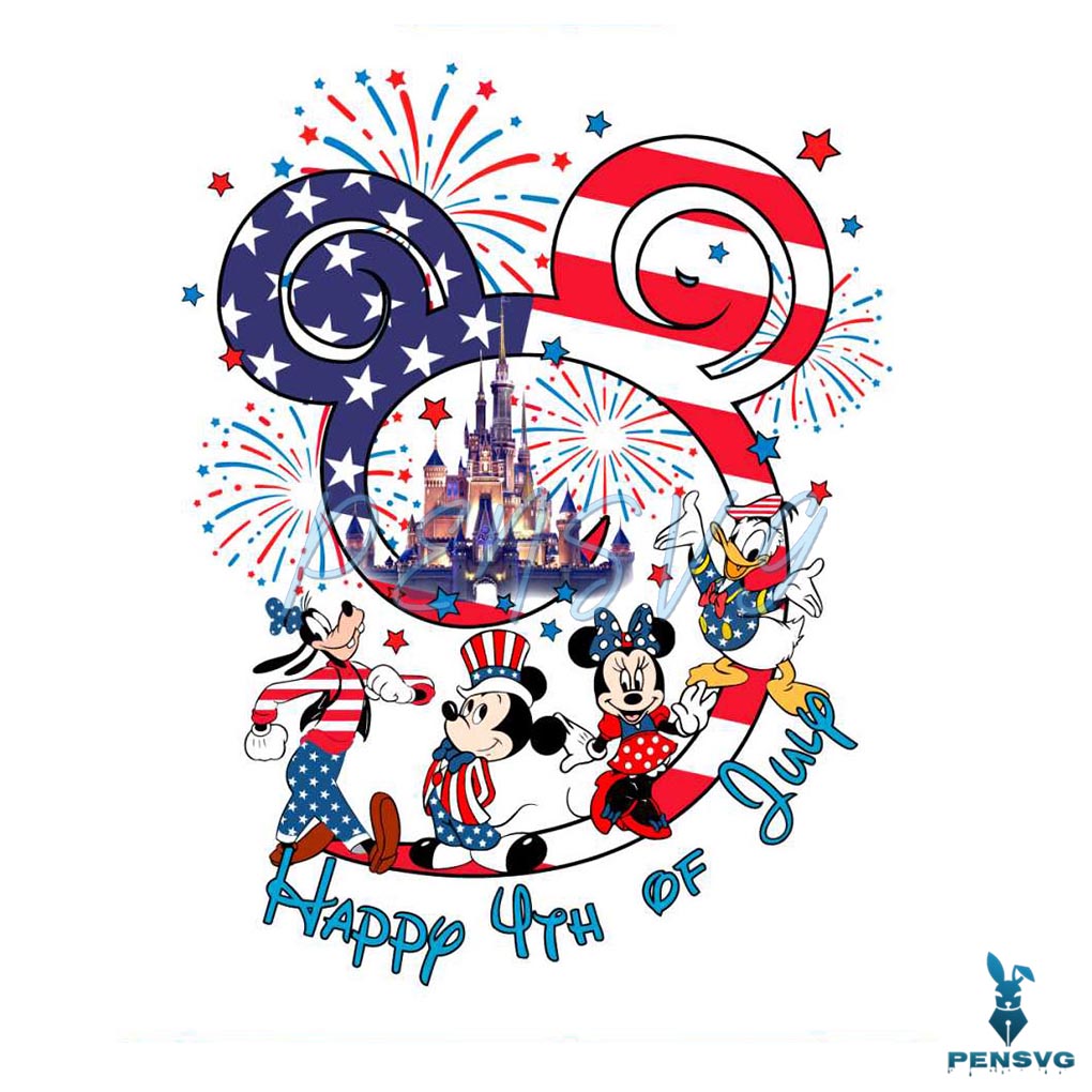 Happy 4th Of July Mickey And Friend Fire Work Disney Castle PNG