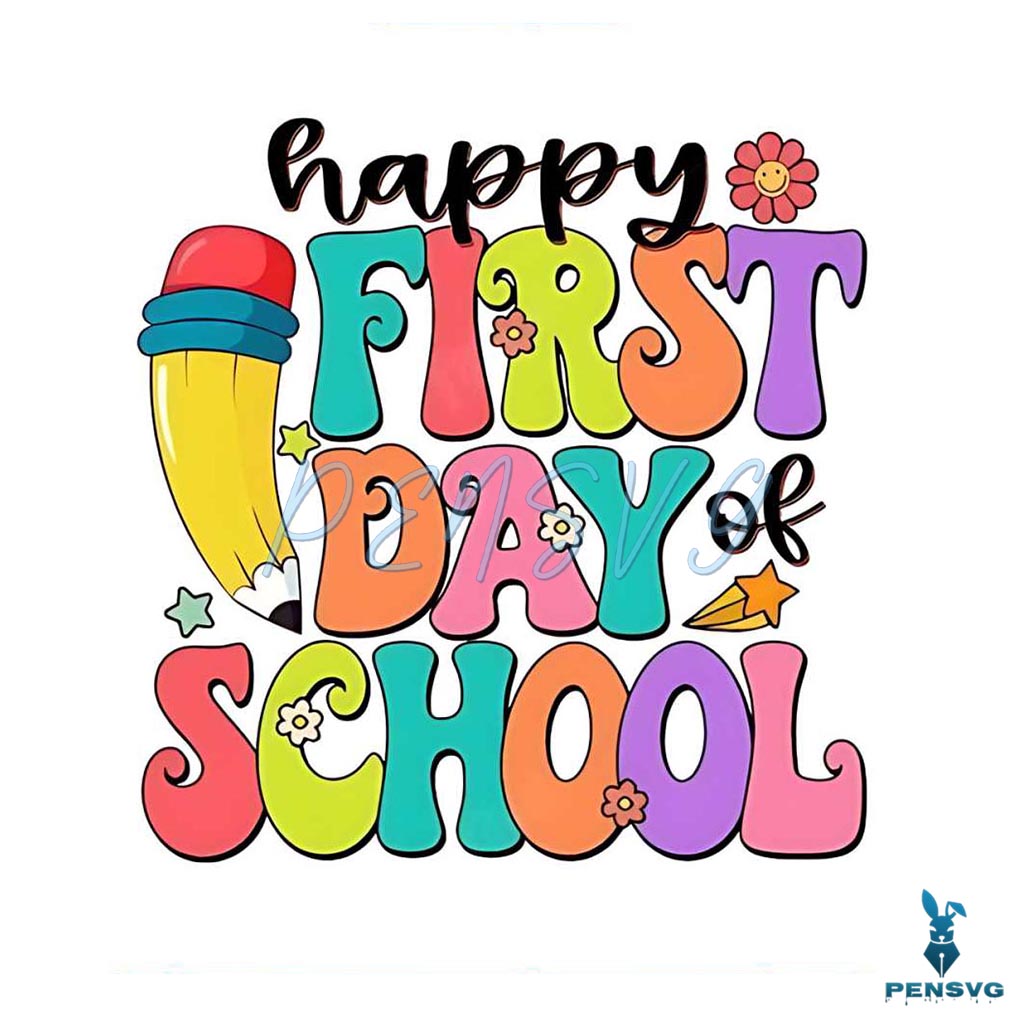 Happy Retro Floral First Day Of School PNG Silhouette File