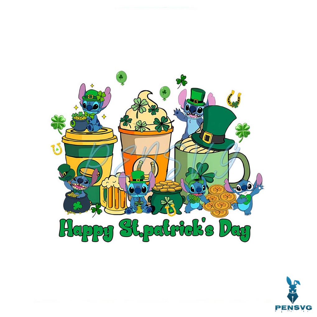 Happy St Patrick Day Stitch Coffee PNG