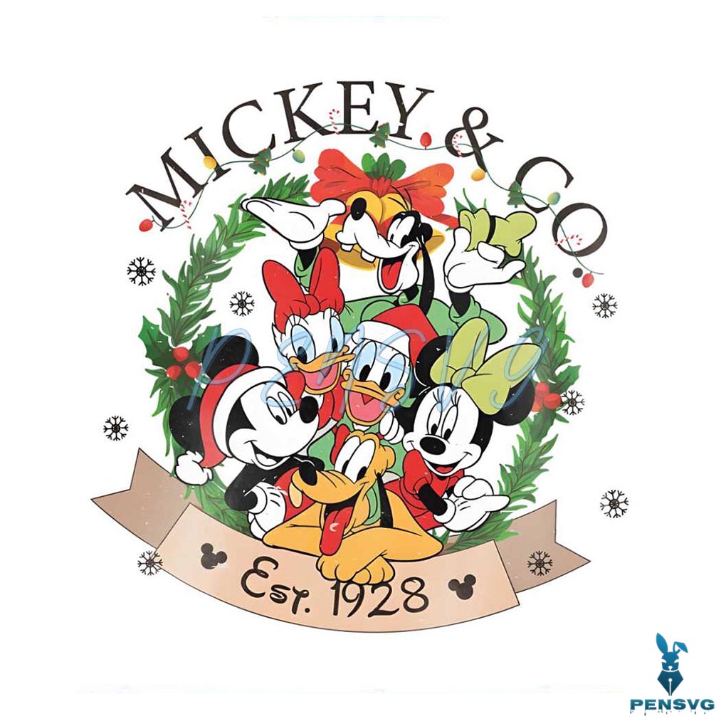 Mickey And Co Est 1928 Xmas Wreath PNG Sublimation