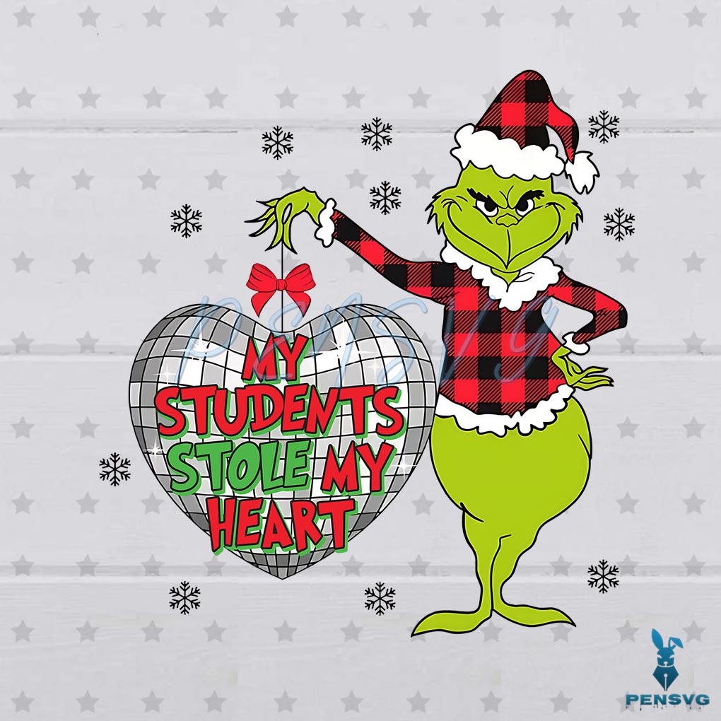 My Students Stole My Heart Christmas Grinch Disco Ball Heart PNG