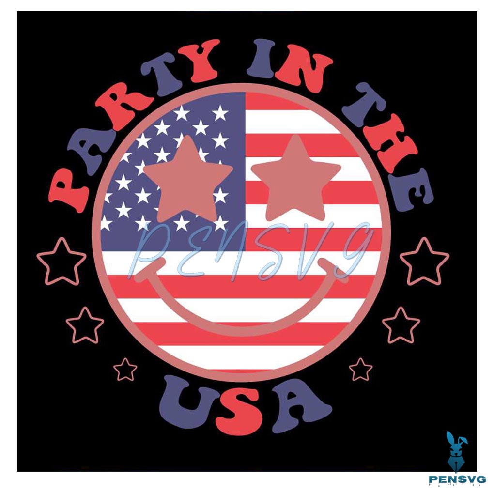 Party In The USA Retro Groovy 4th Of July Smiley Face Svg