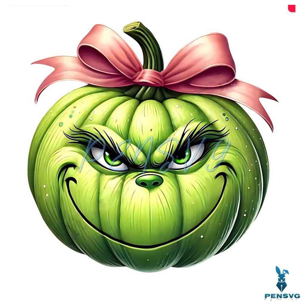 Pink Bow Grinch Face Pumpkin Png
