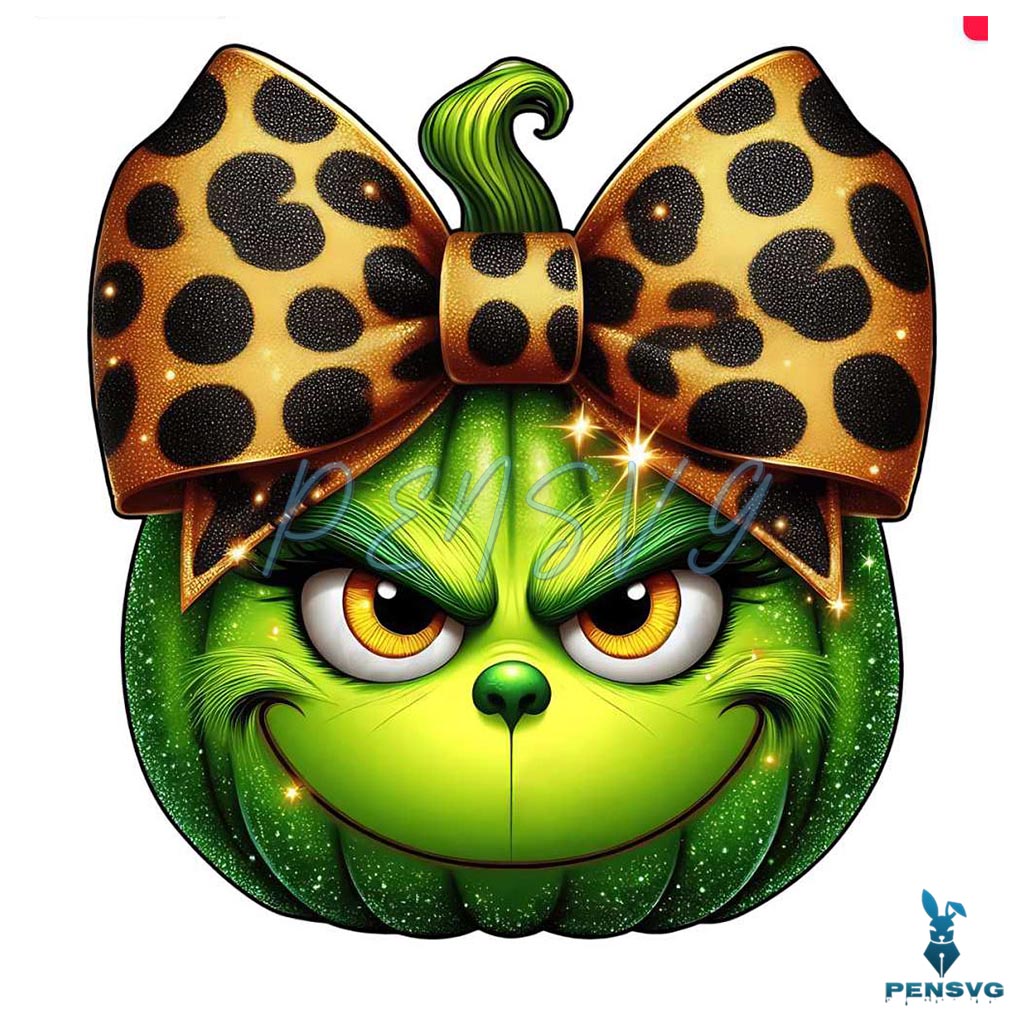 Pumpkin Grinch Head Glitter Leopard Coquette Bow Png