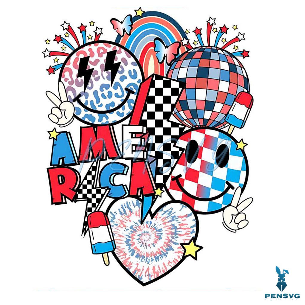 Retro 4th of July Smiley Face PNG Silhouette Sublimation Files
