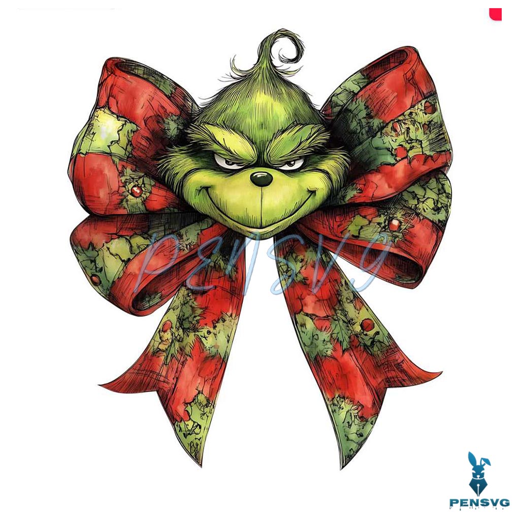 Retro Christmas Coquette Grinch Head Bow Png