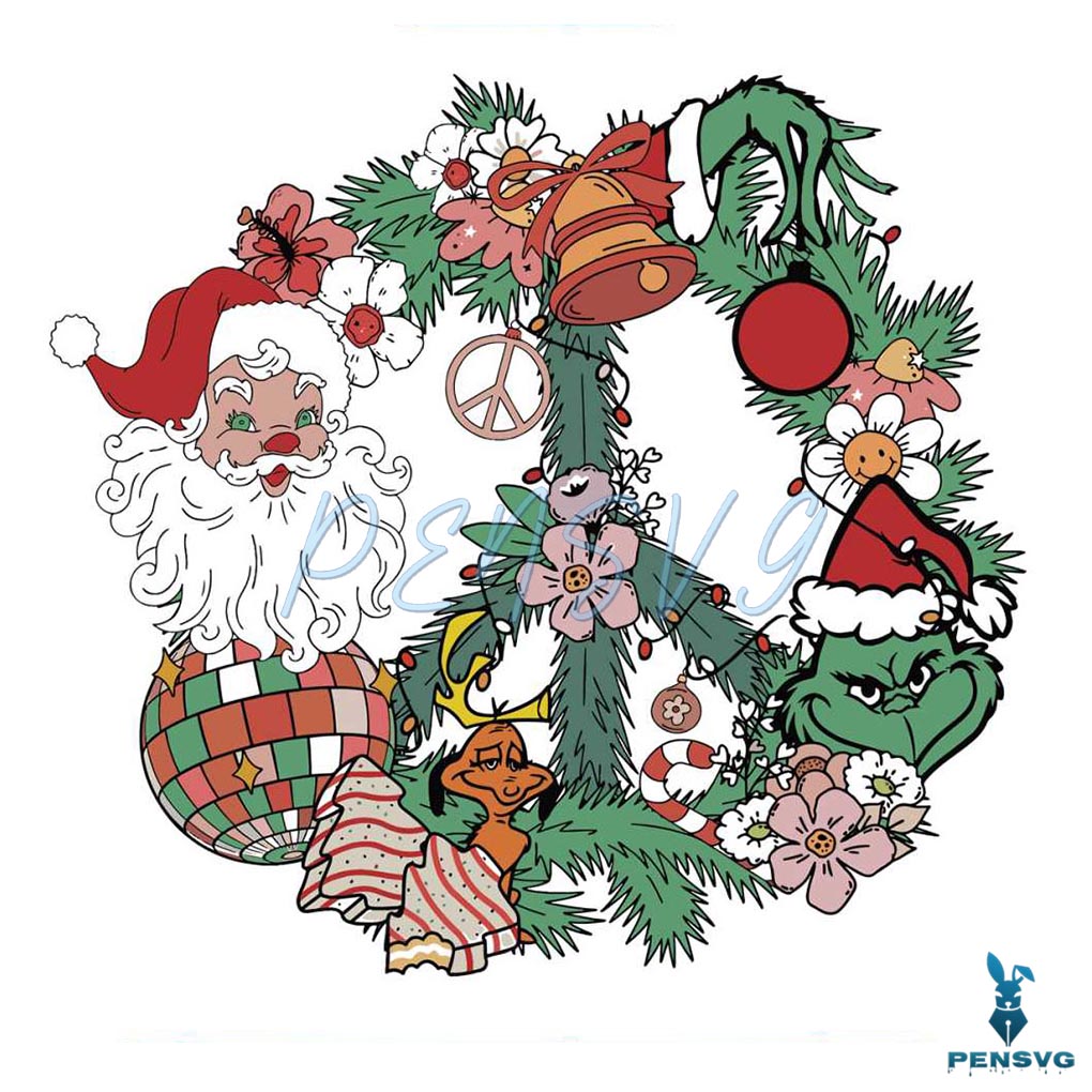 Retro Christmas Wreath Santa Claus And Grinch SVG File
