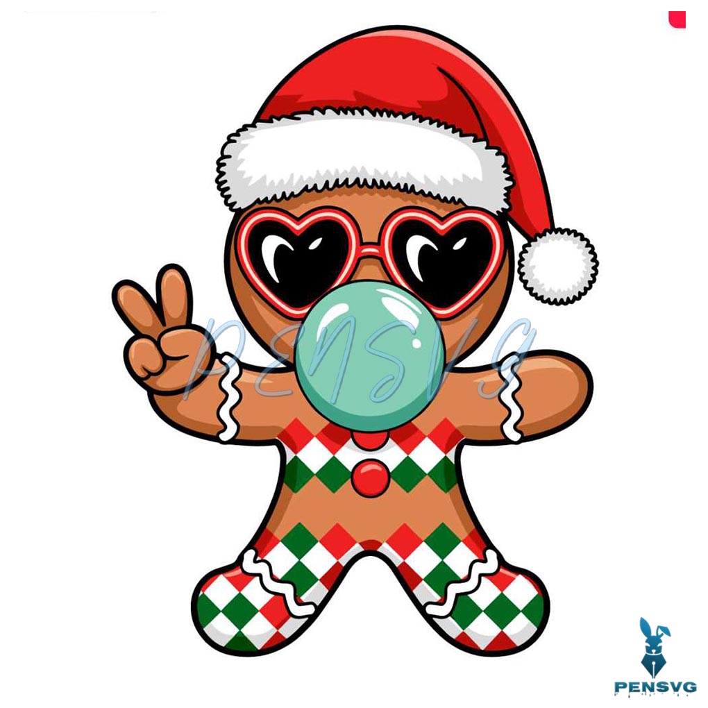 Retro Cute Christmas Gingerbread Blowing Bubbles Santa Hat Svg