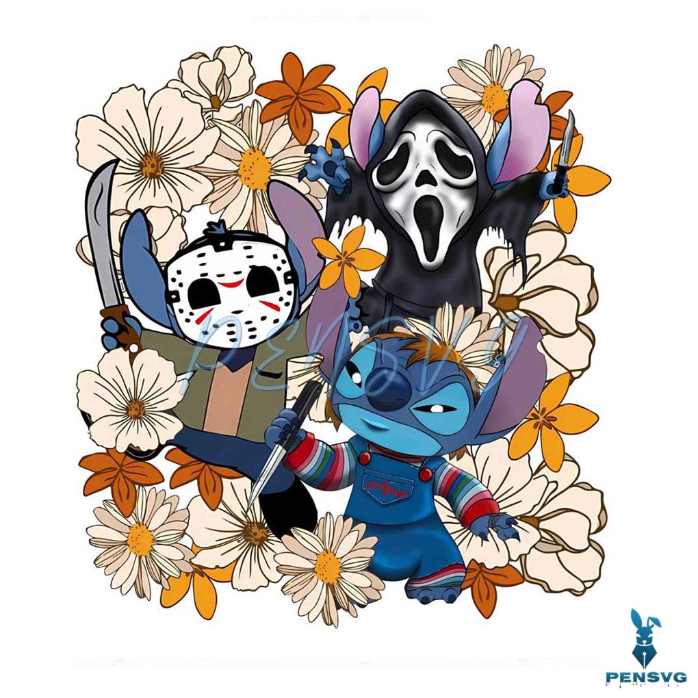 Retro Disney Stitch With Flowers Halloween PNG Download