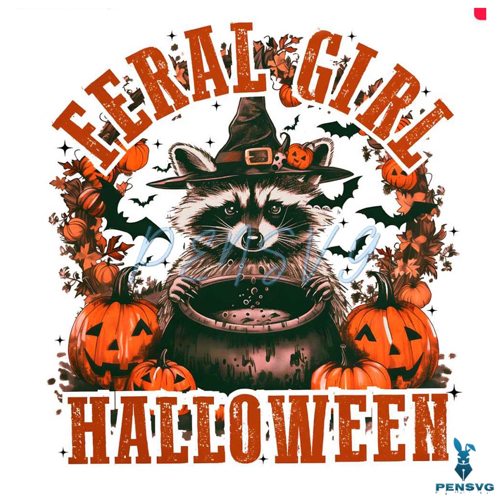 Retro Feral Girl Halloween Pumpkin Raccoon Witch PNG