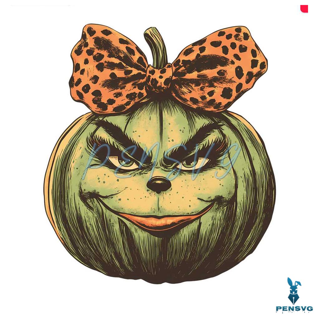 Retro Grinch Pumpkin Face Leopard Coquette Bow Png