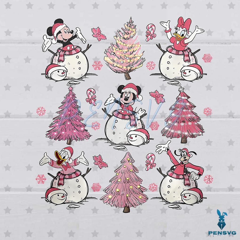 Retro Groovy Mickey And Friends Pink Christmas Tree PNG File