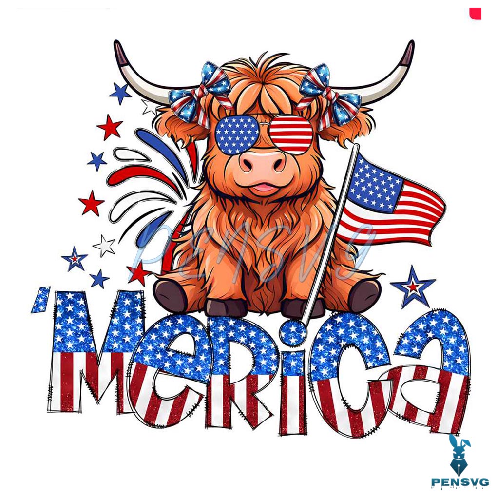 Retro Merica 4th Of July Highland Cow PNG