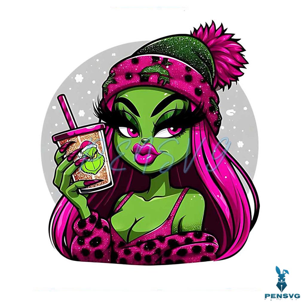 Retro Pink Girl Grinch Coffee PNG
