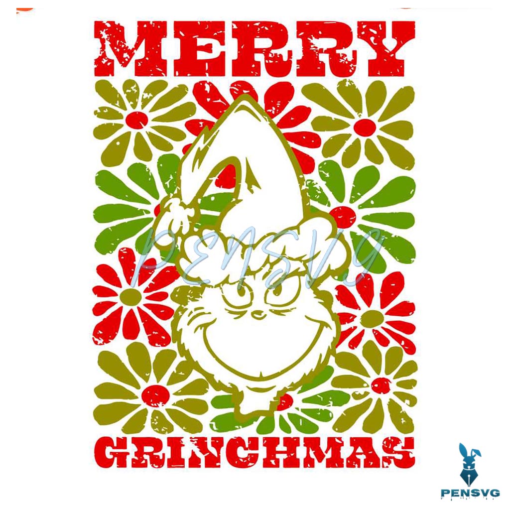 Retro Vintage Floral Merry Grinchmas Gricnh Head Svg