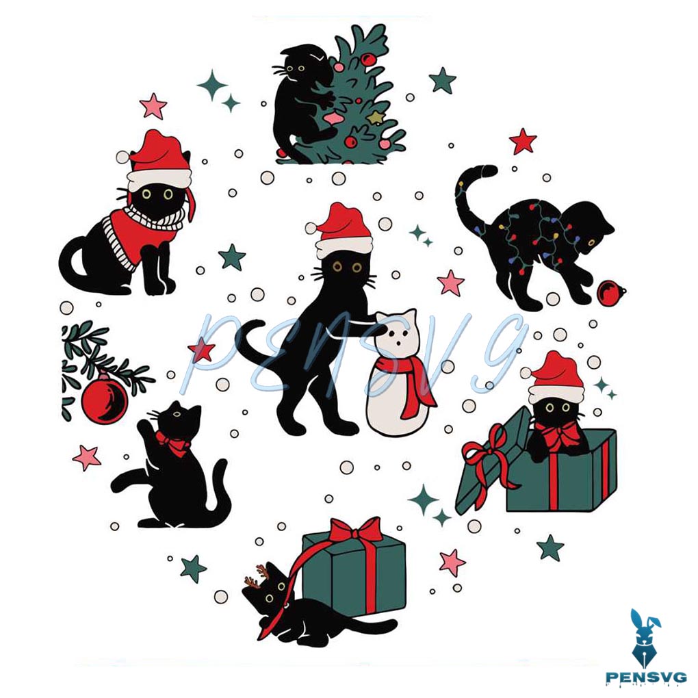 Vintage Christmas Black Cat SVG