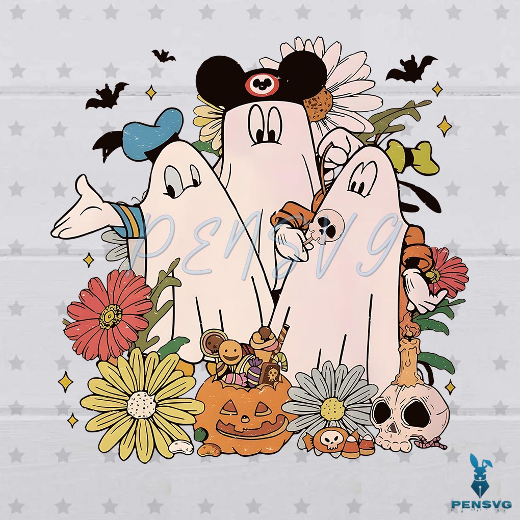 Vintage Floral Vintage Mickey And Friends Ghost PNG Sublimation