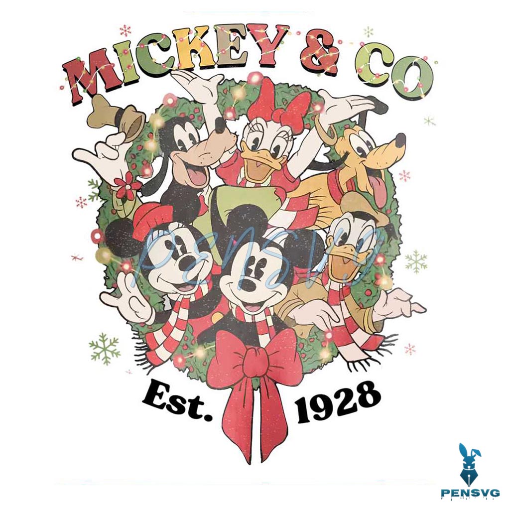 Vintage Mickey And Co Est 1928 Christmas Wreath PNG File