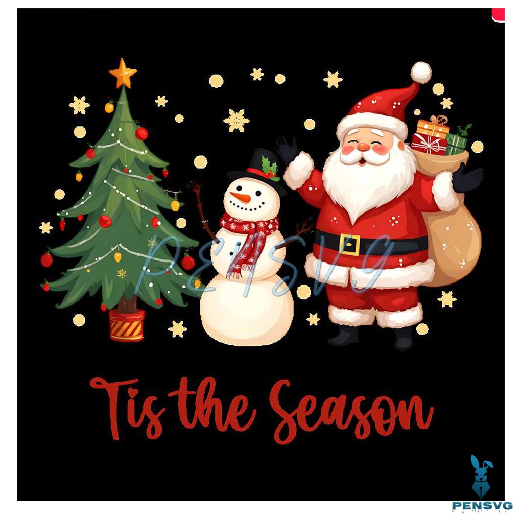 Watercolor Christmas Tis The Season Santa Claus Snowman Png