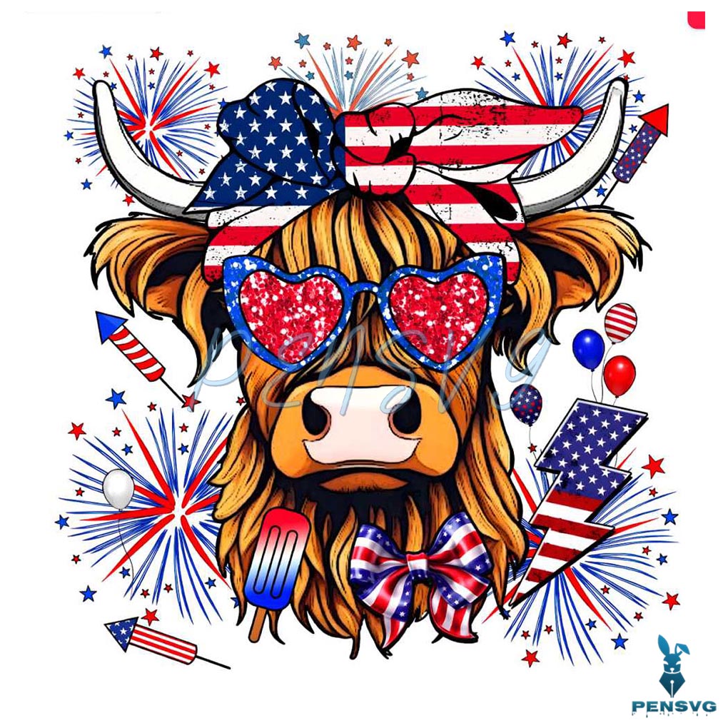 Western 4th Of July Highland Cow PNG
